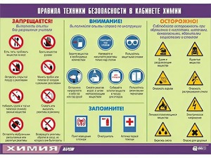 Таблица демонстрационная "Правила техники безопасности в кабинете химии" (винил 100х140) - fgospostavki.ru - Кубинка